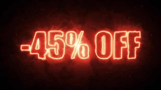 45 percent off burning text symbol in hot fire on black background