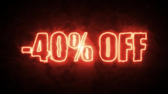 40 percent off burning text symbol in hot fire on black background