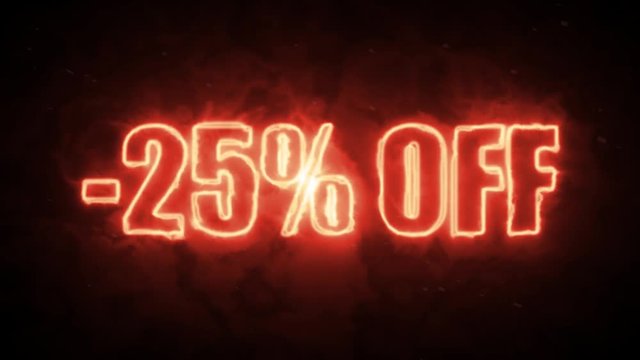 25 percent off burning text symbol in hot fire on black background
