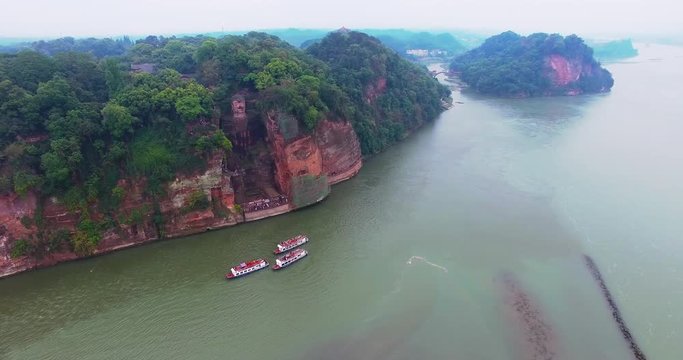 Aerial view of Leshan China Giant Buddha, 4k