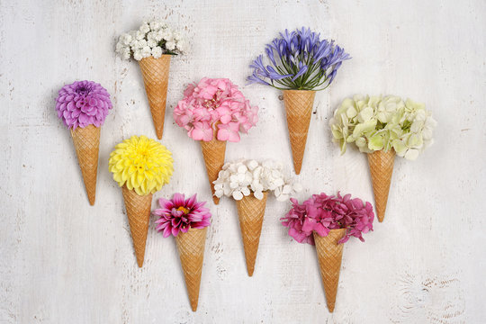 ice cream cones with beautiful flowers