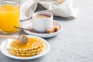 Healthy Breakfast coffee juice Cookies honey on grey concrete background