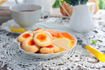 Homemade cookies with apricot jam, selective focus