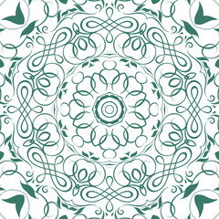 Seamless floral motif pattern coloring mandala, lace, hand drawn. green, marsh and white. Ethnic, fabric, motifs. Vector, abstract mandala flower. Decorative elements for design. EPS 10.