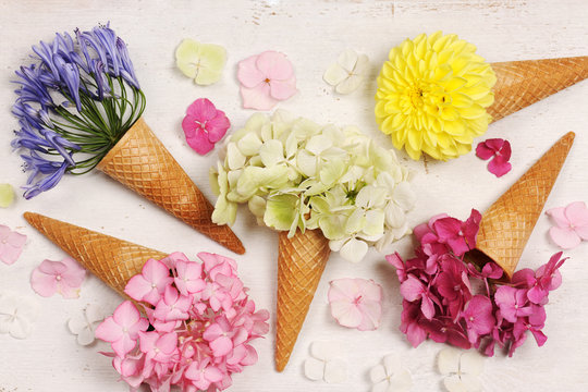 ice cream cones with beautiful flowers