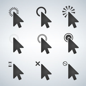 Black Computer mouse click cursor arrow icons set. Vector illustration isolated on modern background.
