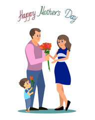 Dad and little son give flowers to mom on mother's day. Vector in flat style on white background.