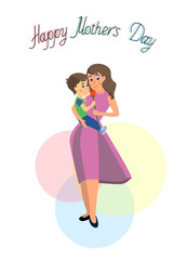 Little son give flowers to mom on mother's day. Vector in flat style on white background.
