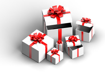 3d realistic set of colorful gift boxes with bows and ribbons.