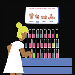  blond nurse in a bathrobe observes a blood test in a test tube in a laboratory. Vector illustration on black background.
