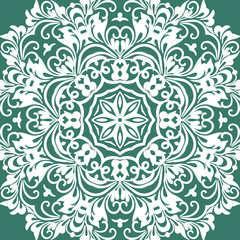Seamless floral motif pattern coloring mandala, lace, hand drawn. green, marsh and white. Ethnic, fabric, motifs. Vector, abstract mandala flower. Decorative elements for design. EPS 10.