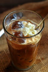 Iced coffee on brown background