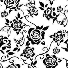 Behang Rozen Roos illustratie (zwart-wit)   Doorlopend patroon van rozenpatroon   Naadloos ontwerp   Achtergrond afbeelding