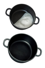 Two pictures of the pan empty and with milk