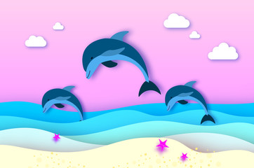 Three Jumping dolphins in the sea in paper cut style. Origami layered beautiful seascape and sky. Hawaii Pacific Ocean wildlife scenery. Marine animals in natural habitat.