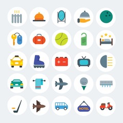 Modern Simple Set of transports, hotel, sports Vector flat Icons. Contains such Icons as sport,  air, food, minibus,  ball,  hockey and more on white cricle background. Fully Editable. Pixel Perfect.
