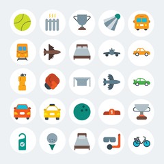 Modern Simple Set of transports, hotel, sports Vector flat Icons. Contains such Icons as  transportation, boxing,  lifestyle, tennis and more on white cricle background. Fully Editable. Pixel Perfect.