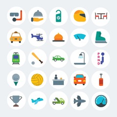 Modern Simple Set of transports, hotel, sports Vector flat Icons. Contains such Icons as  sport,  room, sport,  competition, air and more on white cricle background. Fully Editable. Pixel Perfect.