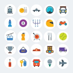Fototapeta premium Modern Simple Set of transports, hotel, sports Vector flat Icons. Contains such Icons as delivery, ball, car, water, ring, auto and more on white cricle background. Fully Editable. Pixel Perfect.