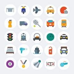 Modern Simple Set of transports, hotel, sports Vector flat Icons. Contains such Icons as  speed,  vehicle,  plane, motorbike, table and more on white cricle background. Fully Editable. Pixel Perfect.