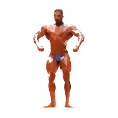 Bodybuilder posing, polygonal isolated vector illustration. Standing man with big muscles