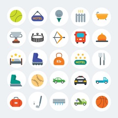Modern Simple Set of transports, hotel, sports Vector flat Icons. Contains such Icons as  vehicle, tennis, car,  background,  sport and more on white cricle background. Fully Editable. Pixel Perfect.