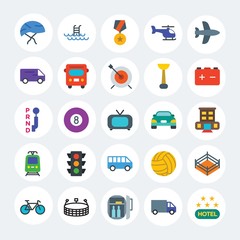 Modern Simple Set of transports, hotel, sports Vector flat Icons. Contains such Icons as  pool,  vector, delivery, fridge,  blue and more on white cricle background. Fully Editable. Pixel Perfect.