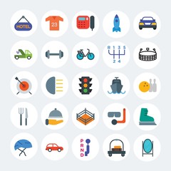 Modern Simple Set of transports, hotel, sports Vector flat Icons. Contains such Icons as  home,  transport, winter,  helmet,  water and more on white cricle background. Fully Editable. Pixel Perfect.