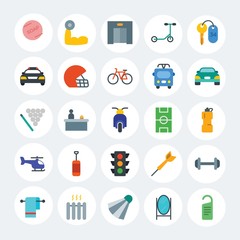 Modern Simple Set of transports, hotel, sports Vector flat Icons. Contains such Icons as  game,  metal,  sign, reception,  arrow and more on white cricle background. Fully Editable. Pixel Perfect.