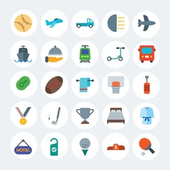 Modern Simple Set of transports, hotel, sports Vector flat Icons. Contains such Icons as  airplane, clean, baseball,  league,  white and more on white cricle background. Fully Editable. Pixel Perfect.