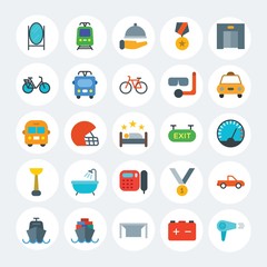 Modern Simple Set of transports, hotel, sports Vector flat Icons. Contains such Icons as  transport,  blow,  victory,  game,  sport and more on white cricle background. Fully Editable. Pixel Perfect.