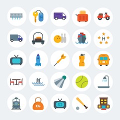 Modern Simple Set of transports, hotel, sports Vector flat Icons. Contains such Icons as  freight,  movie, conditioner,  motion,  tv and more on white cricle background. Fully Editable. Pixel Perfect.