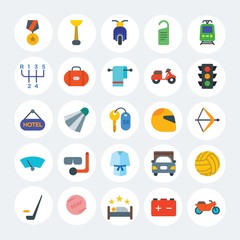 Modern Simple Set of transports, hotel, sports Vector flat Icons. Contains such Icons as  vector, tram,  bike,  disturb, solid, car and more on white cricle background. Fully Editable. Pixel Perfect.