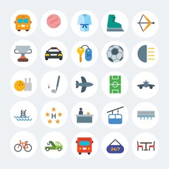 Modern Simple Set of transports, hotel, sports Vector flat Icons. Contains such Icons as  wall,  repair,  white,  robe,  transport and more on white cricle background. Fully Editable. Pixel Perfect.