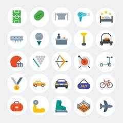 Modern Simple Set of transports, hotel, sports Vector flat Icons. Contains such Icons as  fitness,  baggage,  cycle, sport,  open and more on white cricle background. Fully Editable. Pixel Perfect.