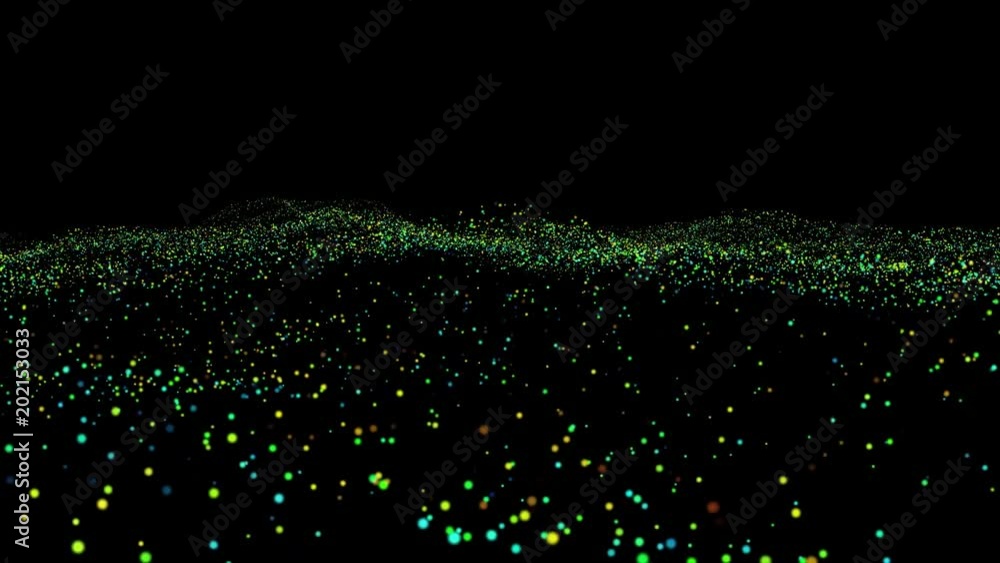 Poster Glittering particles sparkle and drift along. Abstract background with shining bokeh sparkles. Abstract golden bokeh particles. Animation of points in space
