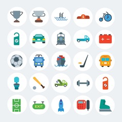 Modern Simple Set of transports, hotel, sports Vector flat Icons. Contains such Icons as public,  championship,  weight,  pool,  fun and more on white cricle background. Fully Editable. Pixel Perfect.