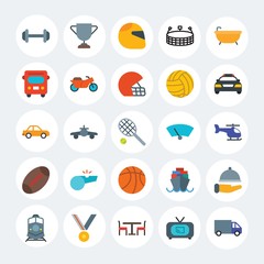 Modern Simple Set of transports, hotel, sports Vector flat Icons. Contains such Icons as  tv,  truck,  championship, ocean,  speed and more on white cricle background. Fully Editable. Pixel Perfect.