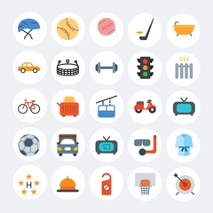 Modern Simple Set of transports, hotel, sports Vector flat Icons. Contains such Icons as  helmet,  breakfast,  robe, solid,  game and more on white cricle background. Fully Editable. Pixel Perfect.
