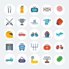 Modern Simple Set of transports, hotel, sports Vector flat Icons. Contains such Icons as  24,  delivery,  athlete, truck,  drink and more on white cricle background. Fully Editable. Pixel Perfect.