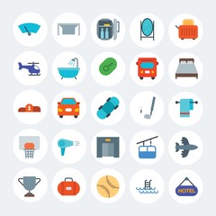 Modern Simple Set of transports, hotel, sports Vector flat Icons. Contains such Icons as  auto,  baggage,  glass, train,  game,  car and more on white cricle background. Fully Editable. Pixel Perfect.