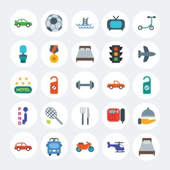 Modern Simple Set of transports, hotel, sports Vector flat Icons. Contains such Icons as  fly,  hotel,  football,  aviation,  sign and more on white cricle background. Fully Editable. Pixel Perfect.