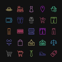 Modern Simple Colorful Set of clothes, shopping Vector outline Icons. Contains such Icons as  marketplace,  background,  barcode,  trolley and more on dark background. Fully Editable. Pixel Perfect