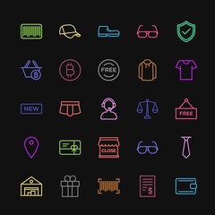 Modern Simple Colorful Set of clothes, shopping Vector outline Icons. Contains such Icons as  cotton,  baseball,  warehouse, fashion,  gift and more on dark background. Fully Editable. Pixel Perfect