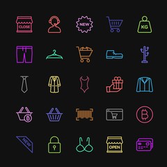 Modern Simple Colorful Set of clothes, shopping Vector outline Icons. Contains such Icons as shop,  measurement,  underwear,  royal,  trolley and more on dark background. Fully Editable. Pixel Perfect