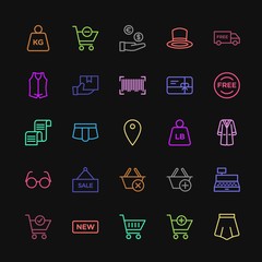 Modern Simple Colorful Set of clothes, shopping Vector outline Icons. Contains such Icons as new,  barcode,  shorts,  post,  shipping, mail and more on dark background. Fully Editable. Pixel Perfect