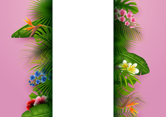 Green summer with tropical leaves and flowers. Vector pink background