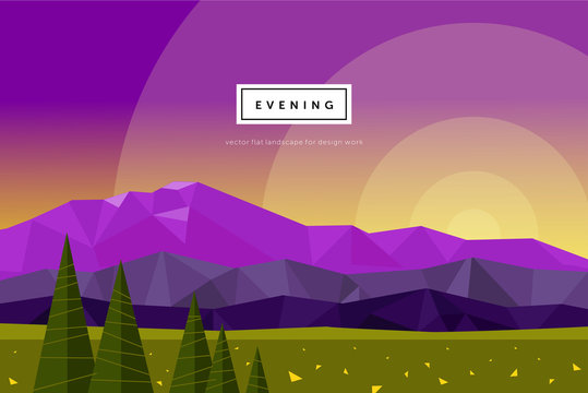 modern flat vector illustration of a mountain landscape - evening sunset, abstract background of geometric shapes and triangles, image of nature, forest, trees, sun,