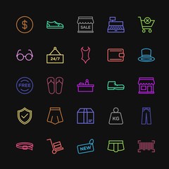 Modern Simple Colorful Set of clothes, shopping Vector outline Icons. Contains such Icons as  currency, trousers,  delivery,  post,  sport and more on dark background. Fully Editable. Pixel Perfect