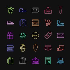 Modern Simple Colorful Set of clothes, shopping Vector outline Icons. Contains such Icons as  foot,  white,  postal,  female,  shorts, mail and more on dark background. Fully Editable. Pixel Perfect
